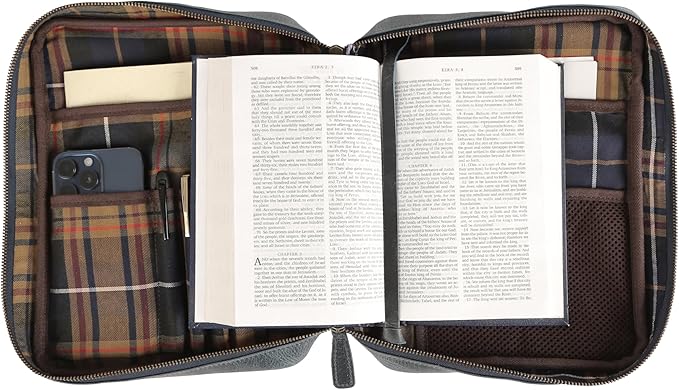 Leather Bible Cover for Men & Women – Zippered Bible Case with Handle, Note & Pen Organizer – Fits Large Study Bible – 11.5x8.5 Inch (Blue)