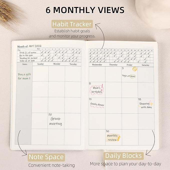 2026 Daily Planner - Undated Monthly & Daily Planner for 180 days Planning Your Success - Hourly Schedule, To Do List, and Notes for Productivity - Aesthetic, Academic, Stylish School or Office Supplies (White)