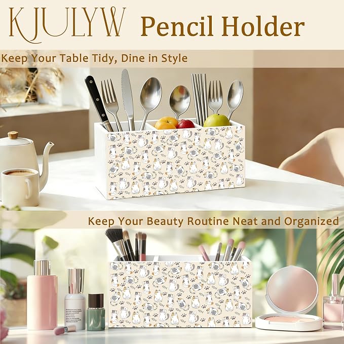 Cat Pen Holder for Desk, Cat Lover Gifts for Women Men, Cute Kitty Wooden Box Pencil Pen Holder Organizer for Home Office Desk Accessories