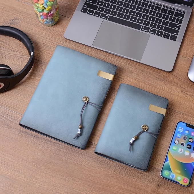 WONDERPOOL Leather Journal Lined Paper Notebook & Pen - Refillable 6 Ring Binder Writing Spiral Diary with Ruled Notepads Vintage Cover for Office Travel Work and Plan Agenda (A5, a-Cyan)
