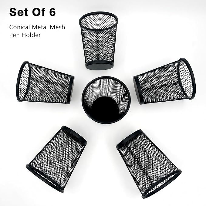 6 Pack Wire Mesh Pen Holder Set – Black Metal Pencil Cups for Desk Organizer, Office & Home Accessories