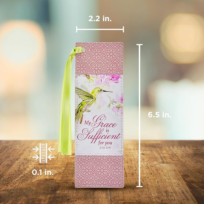 Christian Art Gifts Premium Vegan Leather Scripture Bookmark for Women: Grace is Sufficient Inspirational Bible Verse Cute Hummingbird Book Accessory, Pink Multicolor Floral & Lime Green Satin Ribbon