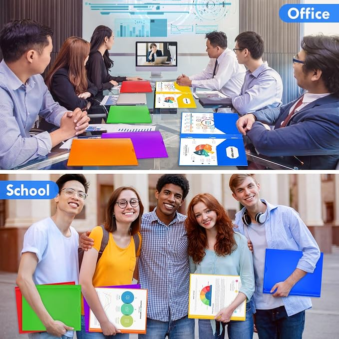 Officygnet 48 Pack Plastic Folders with Pockets and Prongs, Bulk 2 Pocket Folders with Brads and Clear Front, Multicolor Heavy Duty Plastic Folder for Office School Supplies, Letter Size Paper