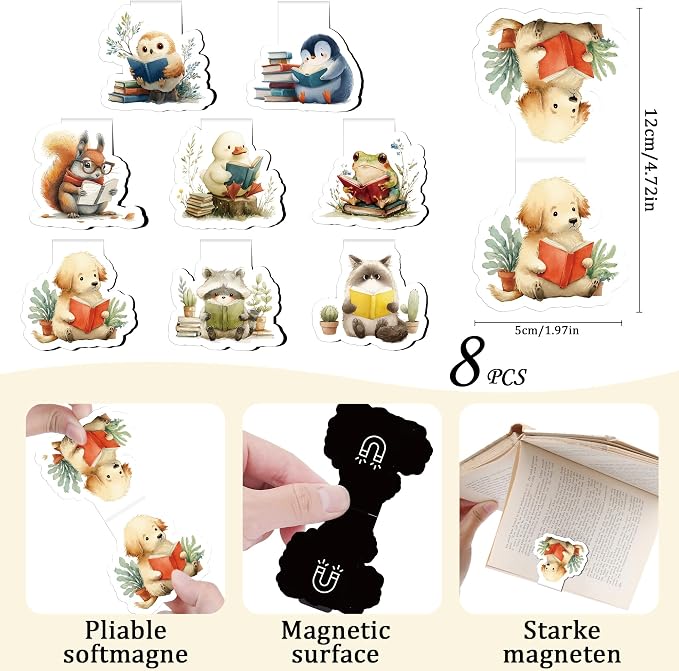 Cute Magnetic Bookmarks Gifts - 8 Pcs Funny Animal Reading Magnets Book Marks for Kids Fun Page Marker Clip for Women Book Lovers Student Teacher Bookish Reader School Birthday Accessories