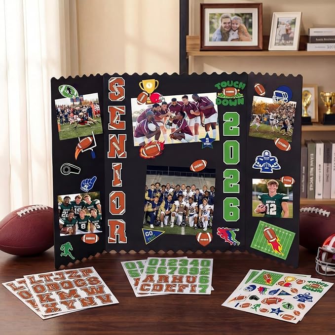 Tinlade 3 Set Football Senior Night Gifts Senior 2026 Photo Display Board 24" x 16" Trifold Poster Board with Football Themed Stickers for Graduation Picture Frame Sport Theme Party Supplies