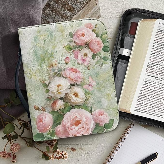 Pink Flower Print Bible Carrying Case for Girls Book Protector for Book Lovers Bible Study Supplies Accessories Christian Gifts for Women Large Quilted Bibles Case with Handle-XXL