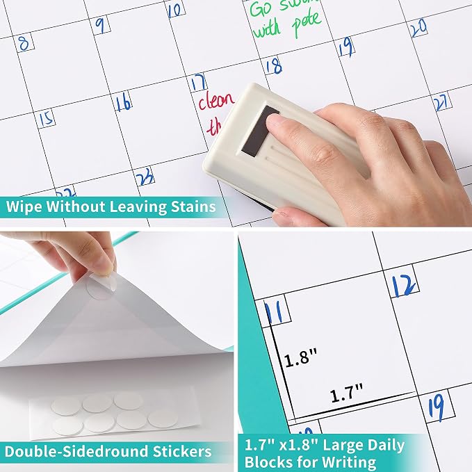Large Dry Erase Calendar for Wall - Undated 12 Month Wall Calendar, 37”×58", Yearly Wall Calendar Dry Erase, Erasable & Reusable Calendar with 15 Round Stickers, Green Large Wall Calendar Dry Erase