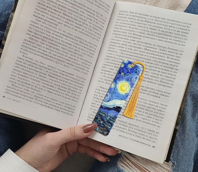 WIRESTER Set of 3 Metal Bookmarks with Light Gold Tassel for Students, Reader, Teachers, Book Lovers - The Starry Night Van Gogh, Cafe Terrace At Night Van Gogh, Irises Vincent Van Gogh
