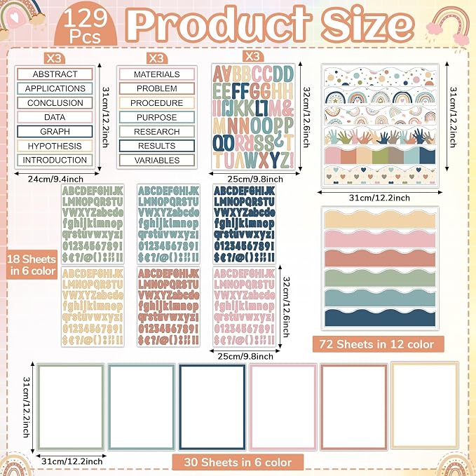 129Pcs Boho Science Fair Board Supplies Includes Self Adhesive Science Fair Project Titles Subtitles Presentation Bulletin Border Letter Stickers Trim Scalloped Bulletin Borders for Classroom Office