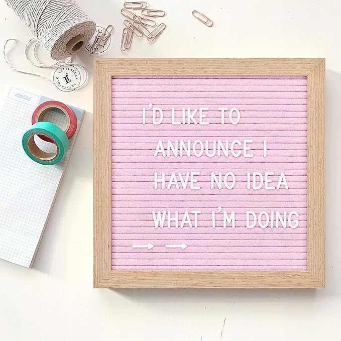 Felt Letter Board with 294 Letters, Numbers & Symbols - 10 x 10 inch Changeable Message Board with Wooden Frame Wall Mount Hook, Pink & Wood