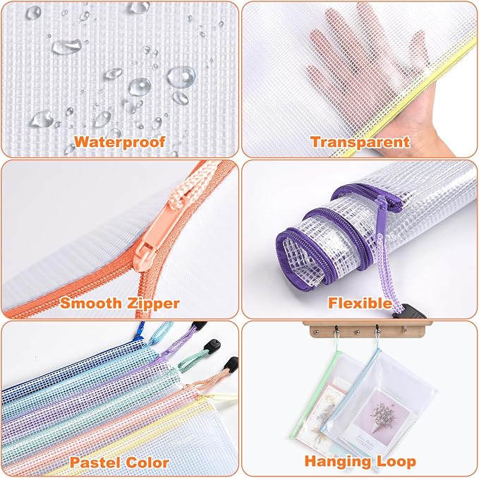 Mesh Zipper Pouch Bags: Clear Zipper Pouches for Classroom, Plastic Mesh Bag Letter Size Document Pouch, A4 Waterproof Organizing Pouch for School and Office Supplies (13.5 x 9.5Inch, 12PCS, 6 Color)