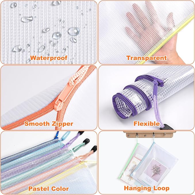 Mesh Zipper Pouch Bags: Clear Zipper Pouches for Classroom, Plastic Mesh Bag for Board Game Puzzles Storage, A3 Waterproof Organizing Pouch for School and Office Supplies (17 x 12Inch, 6PCS, 6 Color)