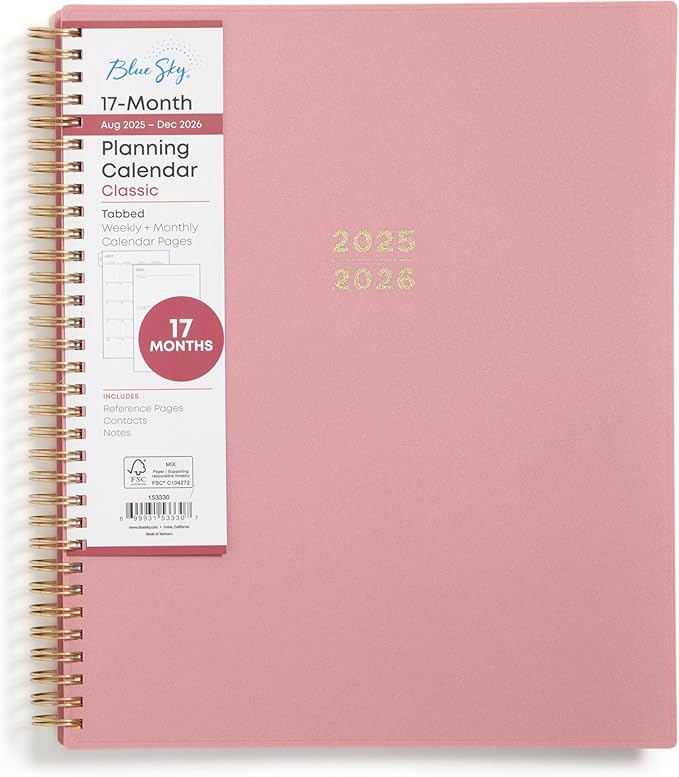 Blue Sky 17 Month Weekly and Monthly Academic Year Planner Calendar, August - December, Flexible Cover, Wirebound, Laminated Tabs, Dusty Rose (Dusty Rose- 2025/2026, 8.5" x 11")