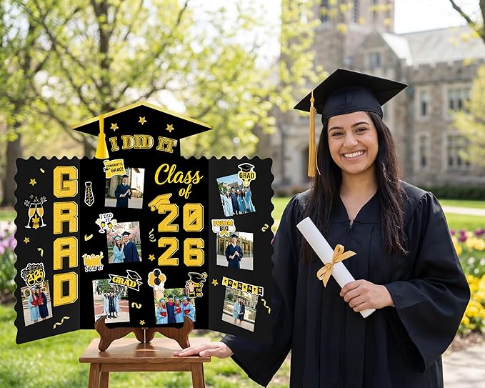 Moon Boat 5 Pack Graduation Decorations 2026 Trifold Poster Boards with Stickers Class of 2026 Grad Party Picture Display Supplies(Black Gold)