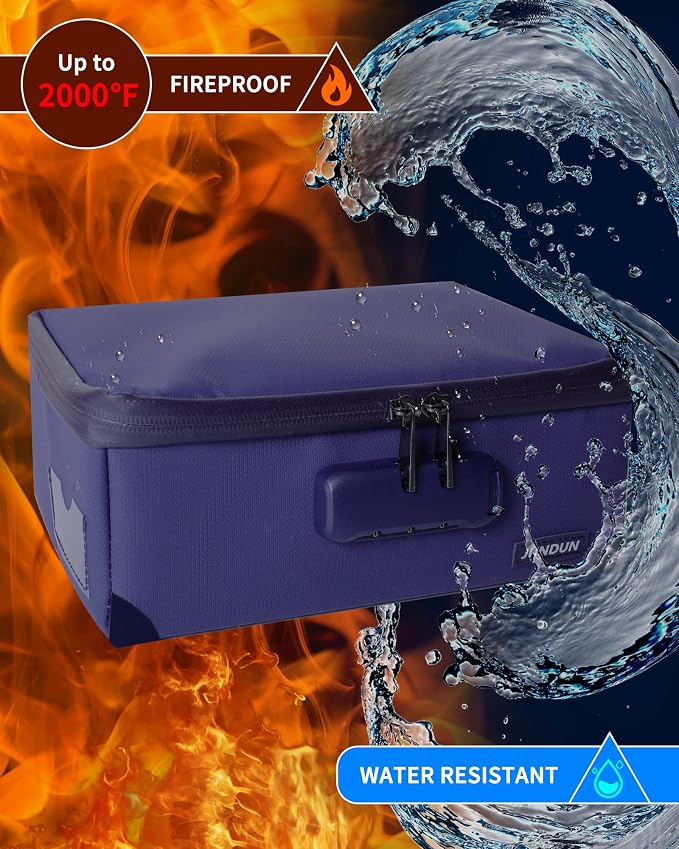 JUNDUN Index Card Holder with Lock,Collapsible Fireproof Index Card Box fits 1200 3x5-Inch Flash Cards - Business, Recipe, or Note Card Storage Boxes - Blue