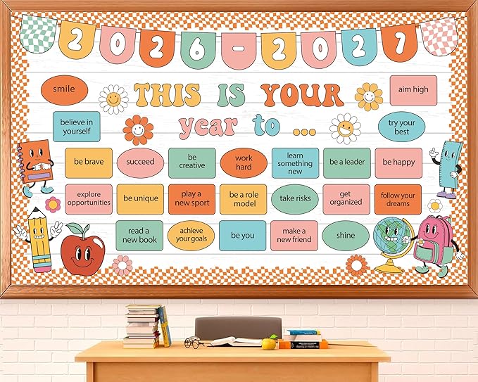 This is Your Year Bulletin Board Set Classroom Decoration Hippie Retro New Year Bulletin Board Set Welcome Back to School Theme Cutouts for School Office Chalkboard Wall Learning Activities Decoration