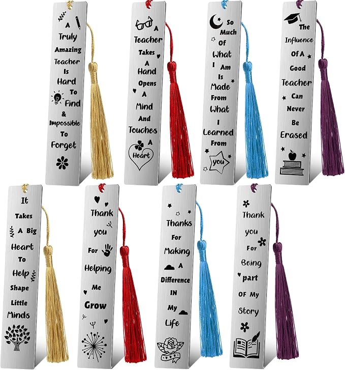 Zonon 4 Pcs Metal Bookmarks End of Year Teacher Gifts Graduation Book Page Marker with Pendants Thank You Gifts for Teacher Appreciation Women Instructor Birthday Reading Lovers Office(Vivid Style)