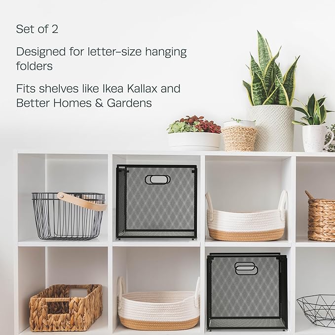 2 Pack Hanging File Box - Stackable Mesh File Folder Organizer with Handles, Fits Letter Size, Compatible with Kallax, Durable Metal File Organizer for Home Office Storage - 13.9"x12.3"x11.1"