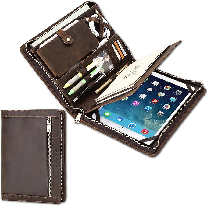Top Grain Leather 11" Portfolio for Men & Women, Solid Vintage Design, Handmade, Large Capacity Multi-Functional Business Padfolio, Holder for Cards/iPad/Phone/Cable/A5 Paper, Coffee 11 Inch