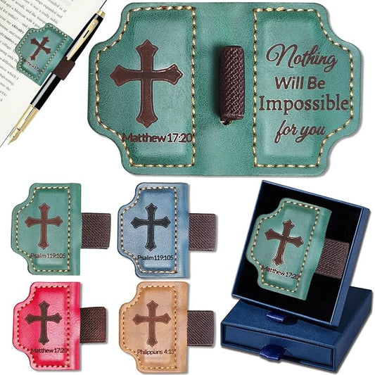 Bygone Mark Personalized Magnetic Leather Bookmark with Pen Holder,Inspirational Bible Verse Religious Bookmarks,Christian Book Lovers Reading Accessory for Men Women (Green, Matthew 17:20)