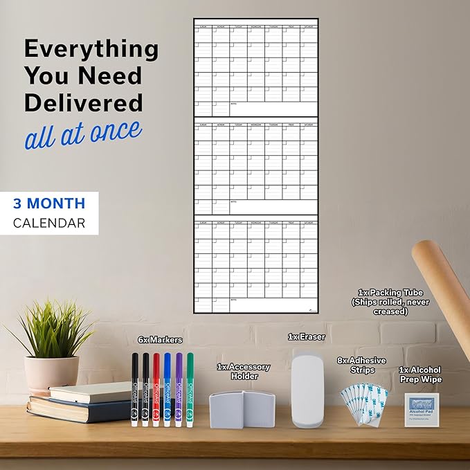 3 Month Dry Erase Calendar for Wall, 40x17, 3 Month Wall Calendar Dry Erase, Big White Board for Office, Home & School, Giant Erasable Whiteboard, Jumbo Monthly Undated Reusable White Board Planner