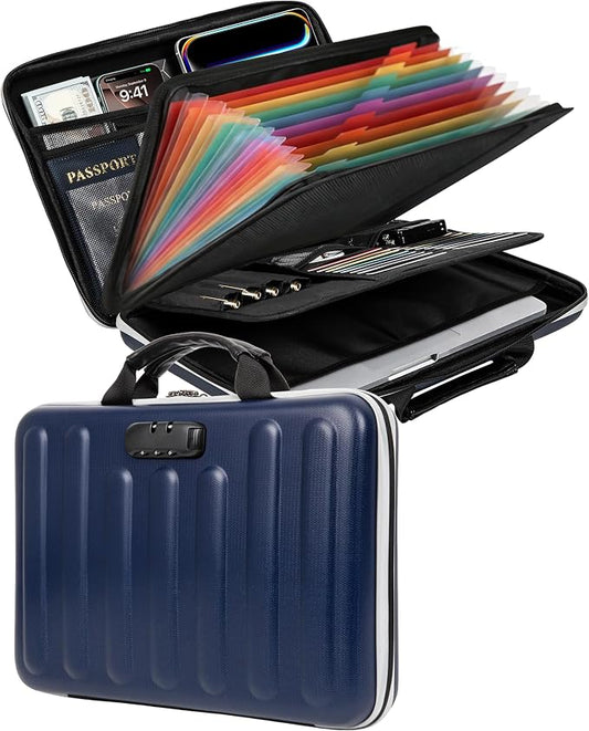 DOZAWA Fireproof Document Box, Hard Case Document Organizer with Lock, 13 Pockets Accordion File Folder with Reflective Strip, Waterproof Safe Box for Important Documents & Valuables Storage, Deepblue