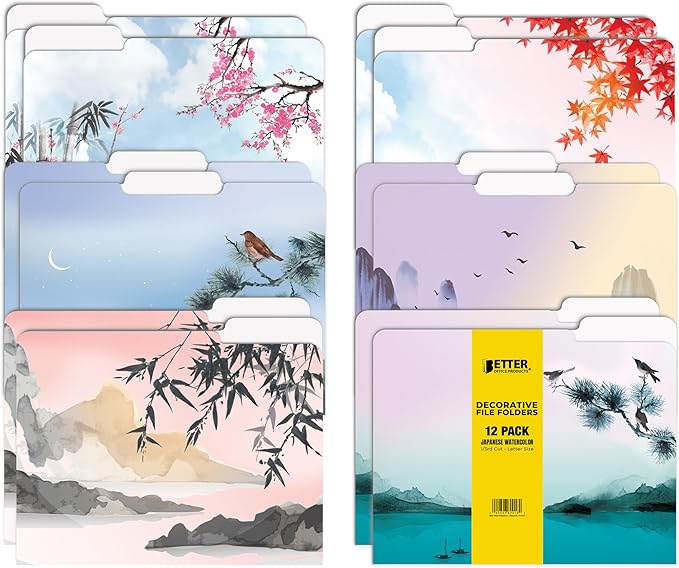 Better Office Products Decorative File Folders, 12 Pack, 6 Unique Designs, Heavyweight, Letter Size (9.5 x 11.5) with 1/3 Cut Tab, Japanese Watercolor Designs, Fashion Folders