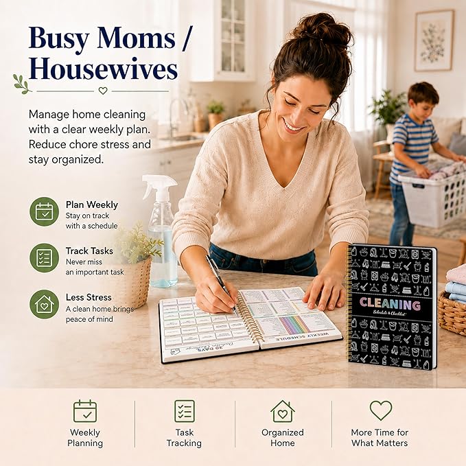 Adhd Cleaning Planner for Adults Women, Cleaning Schedule and Checklist Organizer, Household Cleaning Planner with Daily/Weekly/Monthly Task, Stress-Free Home Cleaning Journal - Black