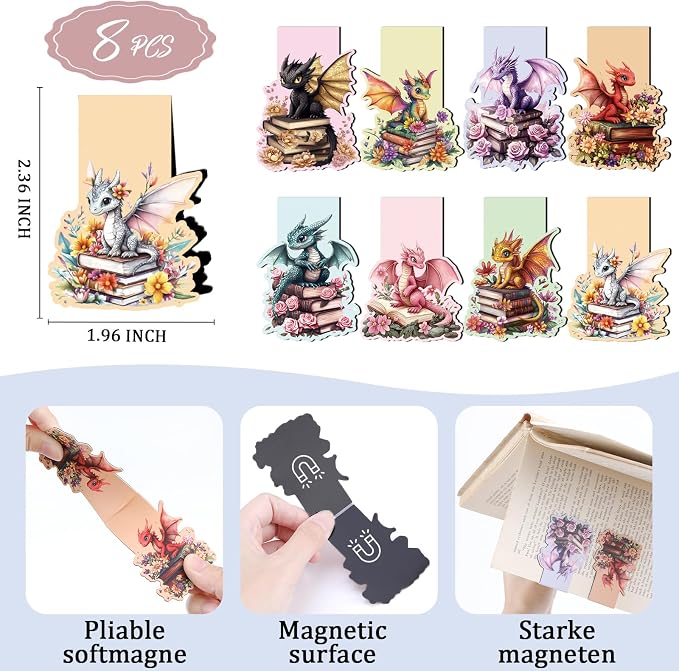 Fantasy Dragon Magnetic Bookmarks - 8 PCs Funny Book Flower Marks for Reading Lovers Men Magnets Cool Unique Aesthetic Page Clip Gifts for Women Kids Novel Fans Boys Student Teacher School
