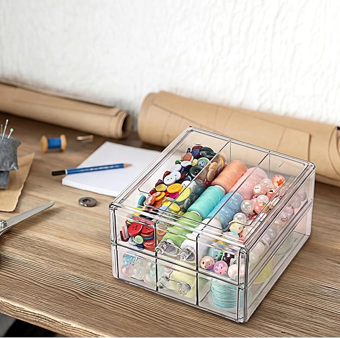 BTSKY Stackable Desk Organizer with 2 Layer Drawers, Clear Acrylic Drawer Organizer for Stationary Accessories, Medicine Cabinet, Vanity and Office Desk, Small Desktop Storage Box with 6 Grids