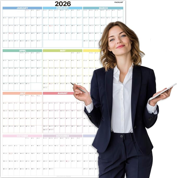 PACKLIST® 2026 Wall Calendar - Extra Large 33.1" x 23.4" Vertical Yearly Planner - Sunday Start - 4-Block Quarterly View - Premium 160 GSM Heavyweight Paper - Plastic-Free & Eco-Friendly - Office & Academic Organization