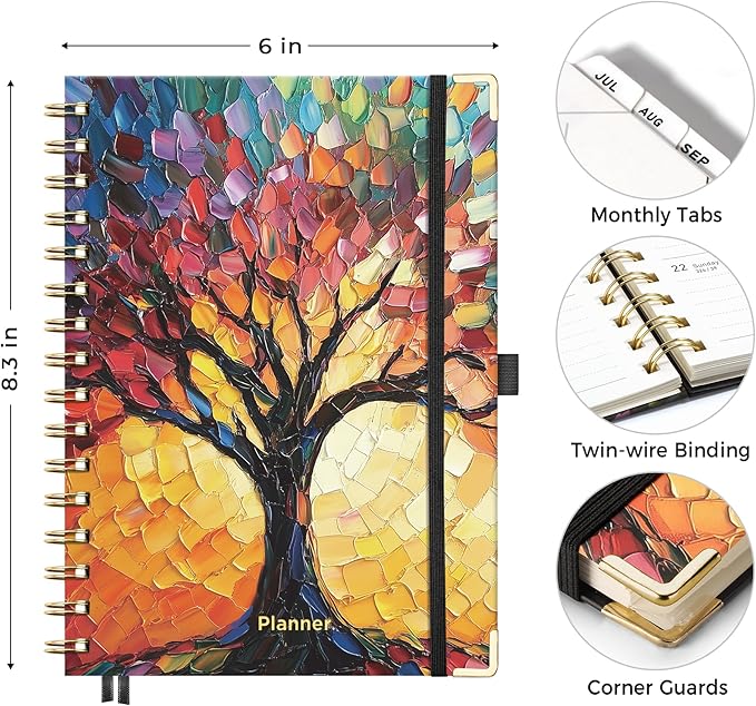 AHGXG Academic Planner 2026-2027, July 2026 - June 2027, Weekly and Monthly, 5.7" x 8.3", Hardcover, Spiral-Bound, Calendar, Agenda for Women, Student, School, 12-Month Tabs (Colourful Tree)