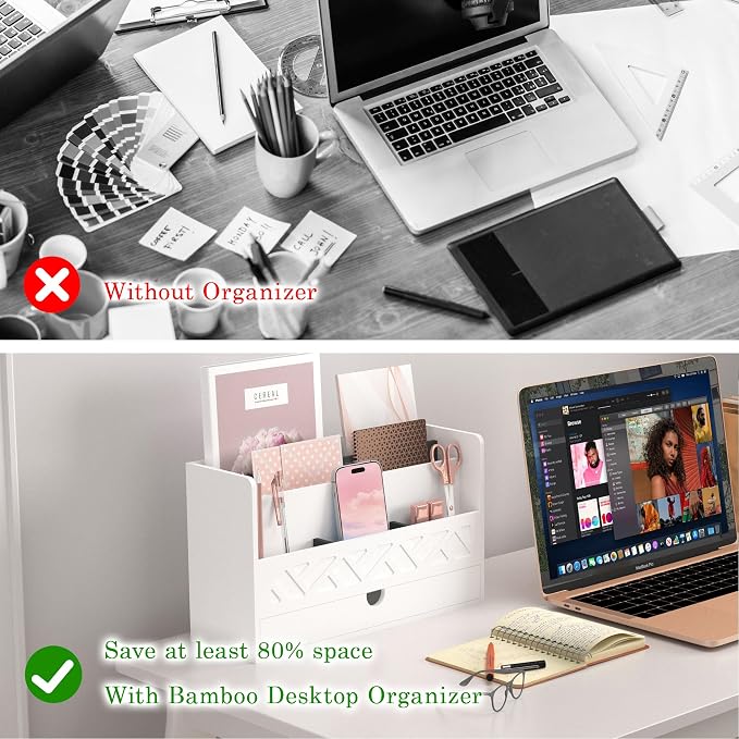 Wisuce Bamboo Mail Organizer Countertop Desktop with Drawer - Desk File Organizer for Office Supplies All-in-One Desk File Drawer with Pencil Holder for Paper Letter Envelope Bill