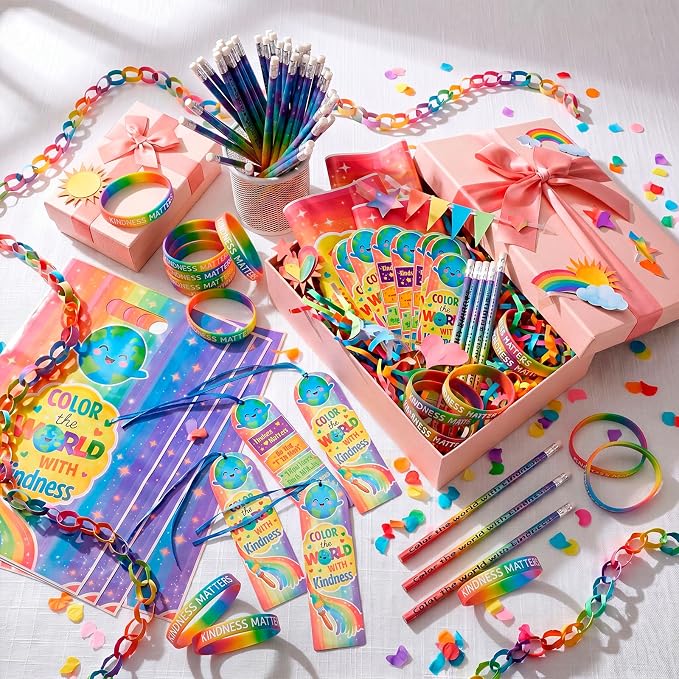 Resurhang 200 Pcs Color the World with Kindness Assorted Items Bulk 50 Set Kindness Week Plastic Goody Bag Bookmark Pencil Be Kind Bracelets Accessories for Anti Bullying Month Party Favor