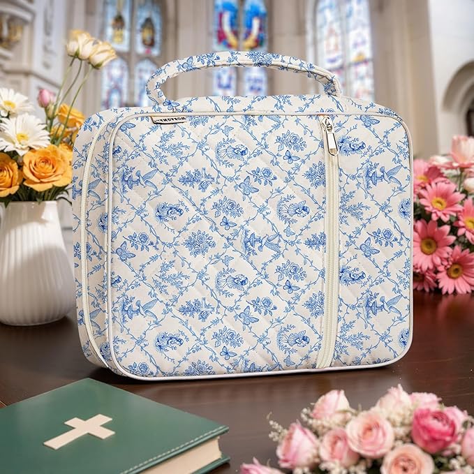 WOBAGMEN Bible Cover Case for Women,Large Bible Tote Bags Organizer Quilted Carrying Case for Girls,Bible Study Supplies Accessories Christian Gifts for Women (Vintage Blue, L)