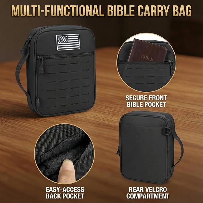 Tactical Bible Cover for Men, Large Bible Case with Shoulder Strap & US Flag Patch, Water Resistant Bible Carrier Bag with Handle, Multi Pockets for Church Study & Travel（Black）
