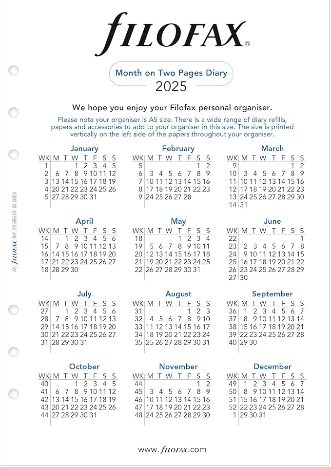 Filofax Calendar Diary Refill, A5 Size, Month-to-View, White Paper, English, 2025 (C68510-25)