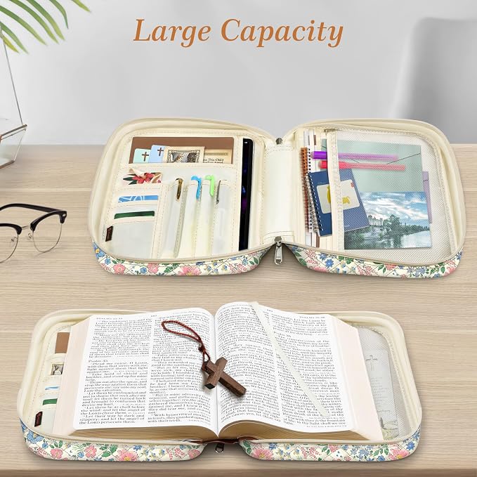 FINPAC Bible Cover, Carrying Book Case Church Bag Bible Protective with Handle and Zippered Pocket, Gift for Mother Lady Women, Floral Beige