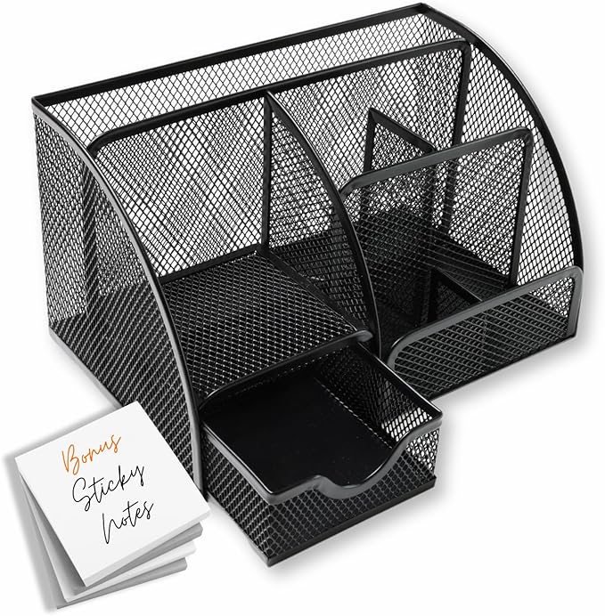 Mesh Desk Organizer - Office Accessories with Sticky Notes, 6 Compartments & Drawer, Pen Holder for Home, School