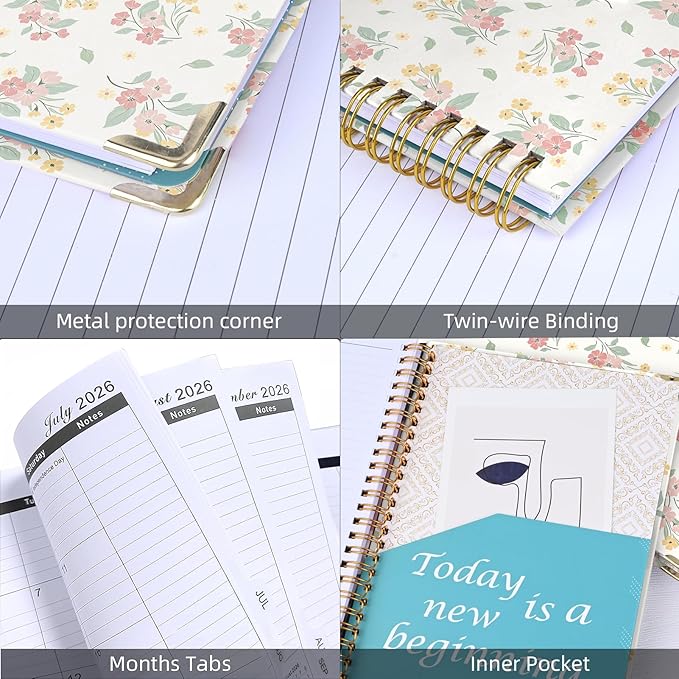 2026 Monthly Planner, Jan.2026 - Dec.2026 Weekly Monthly Planner 6.25"x8.5" with Page Tabs, Calendar Hardcover with Inner Pocket, Elastic Band, Twin-Wire Binding, Bookmark, Pink Bouquet