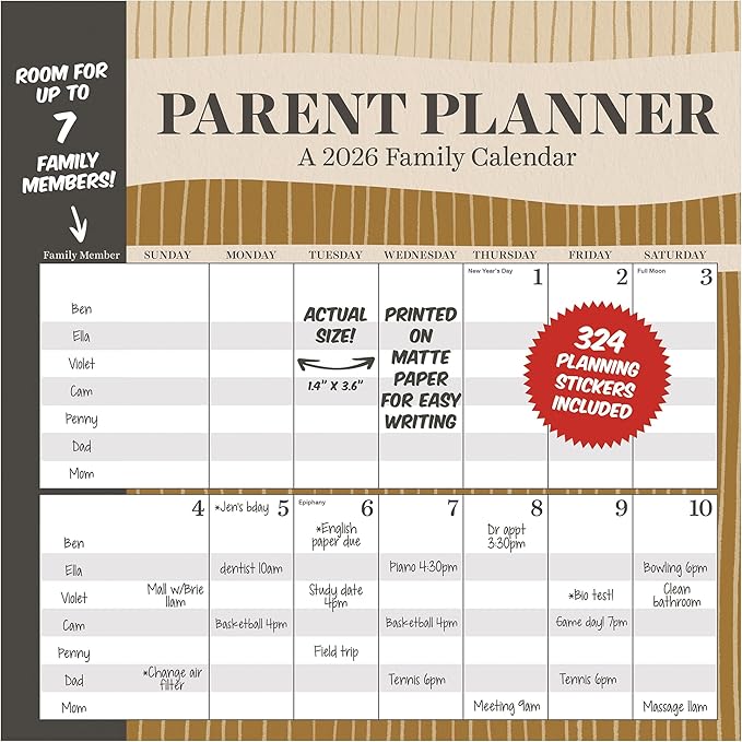TF Publishing 2026 Parent Planner Wall Calendar - Large Grids for Appointments and Scheduling - Vertical Monthly Wall Calendar 2026 with Premium Matte Paper for Home and Office Organization - 12x12in