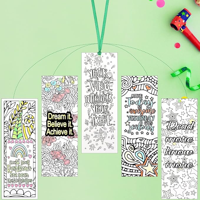 Gersoniel 120 Pieces Color Your Own Bookmark Inspirational Bookmarks for Students DIY Coloring Double-Sided Motivational Page Clip Personalized Inspirational for Kids Students Reading Activity Gift