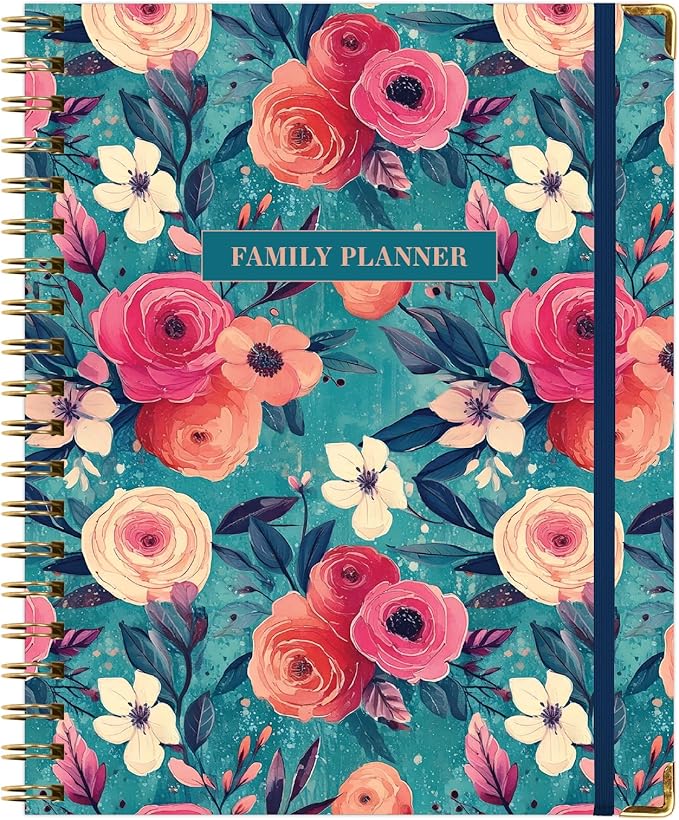 Undated Family Planner Organizer – 8.5" x 11" Weekly & Monthly Calendar for 5+ People, Meal Planning, Budgeting, Habit Tracker – Hardcover, Household Schedule Organizer for Parents, Kids, & Caregivers (Teal Floral)