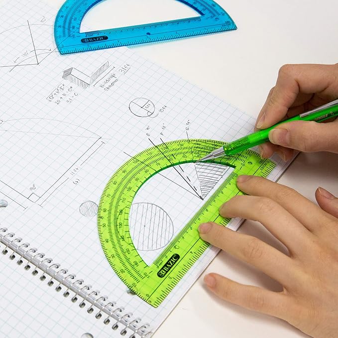 BAZIC Products Math Geometry Set 5 Pieces, Protractor, Compass, Sharpener, Wood Pencil, Eraser, Storage Zipper Pouch, Drafting Drawing Tool, 4-Packs
