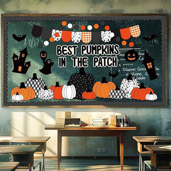 VABAMNA Halloween Fall Bulletin Board Decorations for Classroom, 95 Pcs Black Orange Autumn Pumpkin Patch Bat Paper Cutouts Borders Trim for Home School, Halloween Thanksgiving Harvest Party Supplies