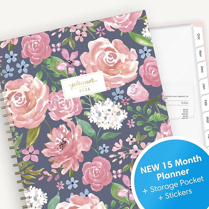 Blue Sky 15 Month 2026 Weekly and Monthly Planner Calendar, October 2025 - December 2026, 8.5" x 11", Laminated Cover, Durable Twin Wire Binding, Laminated Tabs, Storage Pocket, Includes Stickers, Alya