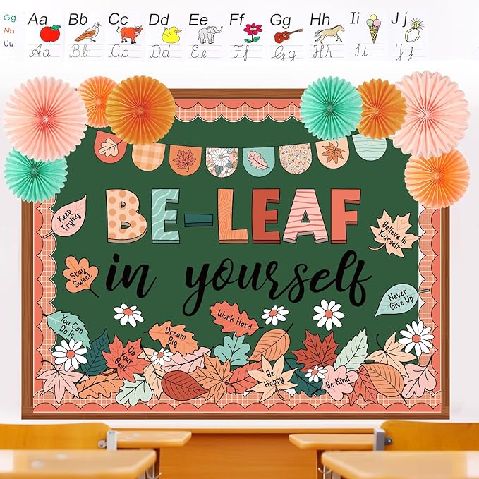 Containlol 77 Pcs Fall Thanksgiving Bulletin Board Decoration Thanksgiving Fall Maple Leaves Bulletin Board Set Be-Leaf in Yourself Boho Classroom Decor with 3D Paper Fans Cutouts for Autumn Decor