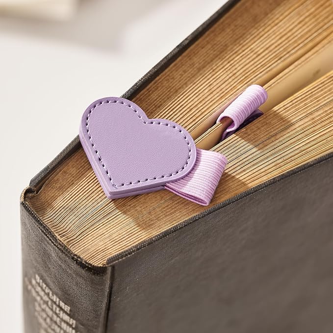 2Pcs Magnetic Leather Bookmarks with Gift Box Heart-Shaped Magnetic Pen Holder Book Marks Clip Gift for Book Lover Readers Cute Bookmark for Women, Purple