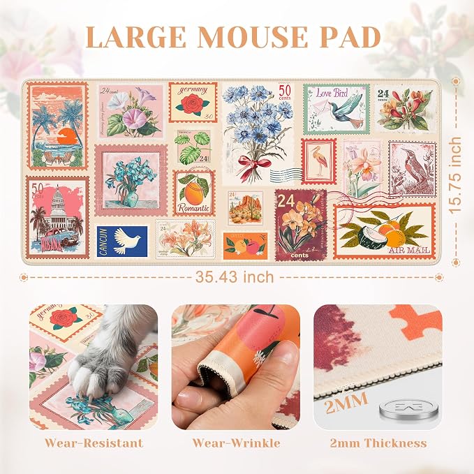Vintage Floral Desk Mat, XXL Mouse Pad for Keyboard and Mouse, Aesthetic Collage Mousepad, Large Desk Mat for Desktop, Pink Cute Desk Decor Accessories