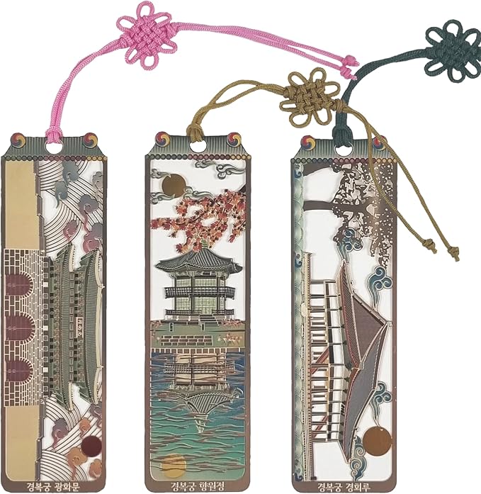 Korean Palace Gold Bookmarks - Gyeongbokgung 3-Piece Set with Traditional Tassels - Korean Souvenir New Year's Gifts